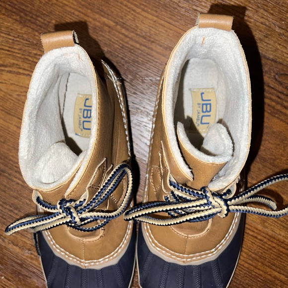 JBU Nala Tan & Navy Weatherproof Lace Up Faux Fur Lined Duck Boots Women Size 8 - Picture 8 of 12